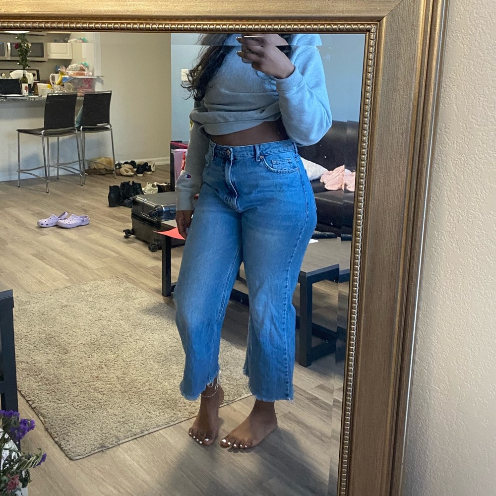 High waisted wide leg cut off jeans